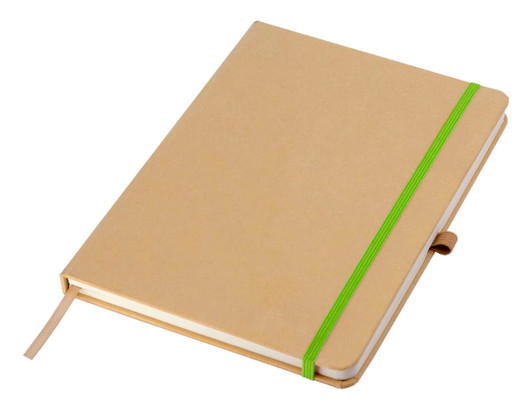 A brown A5 notebook with a green elastic band, featuring a ribbon bookmark and a logo on the cover.