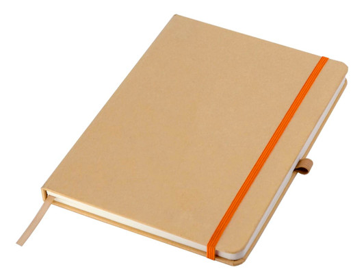 An A5 notebook in a kraft finish with an orange elastic band closure and a ribbon bookmark. Features a logo.