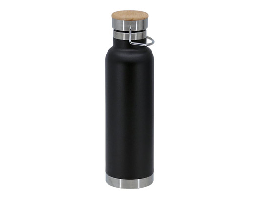 A drink bottle featuring a sleek black finish, a wooden lid, and stainless steel base. It includes a logo.