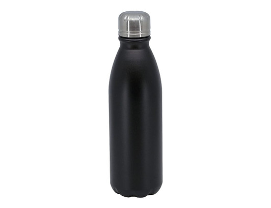 A drink bottle in matte black aluminium with a silver screw-on lid, featuring a logo.
