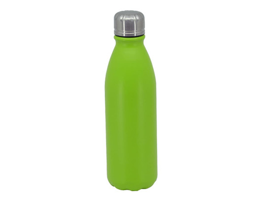 A drink bottle in vibrant green with a silver cap and a logo on the surface.
