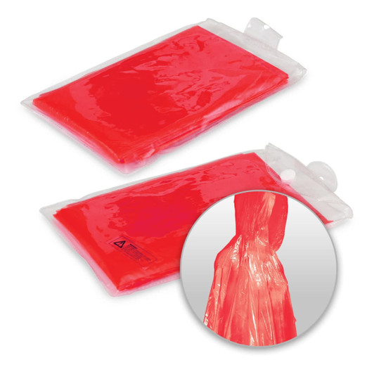 A red emergency poncho in a sealed package, featuring a simple design and a logo on the packaging.