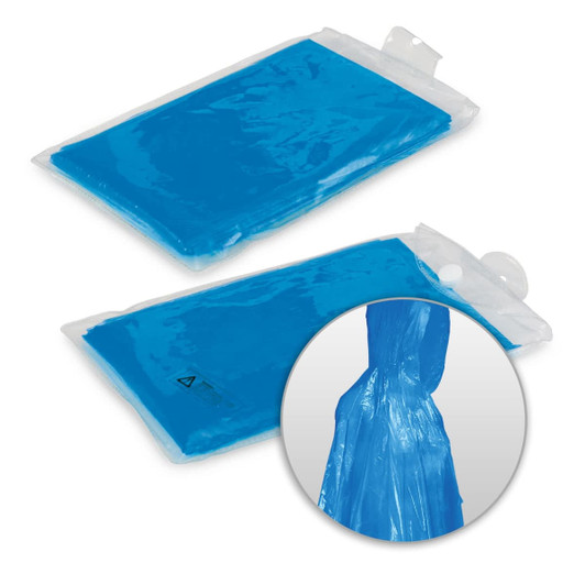 A blue emergency poncho packaged in a plastic wrapper, featuring a circular inset that highlights the poncho's design.
