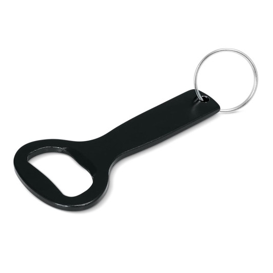 A drink bottle opener key ring in black, featuring a circular metal key ring attachment.
