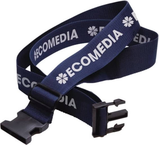 A blue luggage strap featuring a logo, designed for securing bags. It has a buckle closure for convenience.