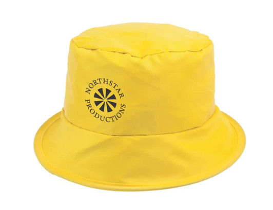 A yellow bucket hat featuring a logo, designed for headwear use.