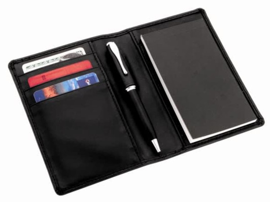 A black leather pocket jotter featuring card slots, a pen, and a notepad holder.