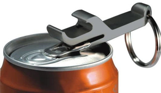 A drink bottle keyring in silver, featuring a bottle opener design and a keyring attachment.