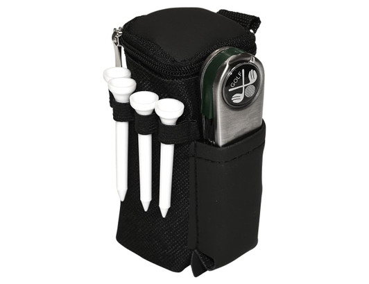 A black golf accessory pack featuring a zippered bag, tees, and a golf gadget with a logo.