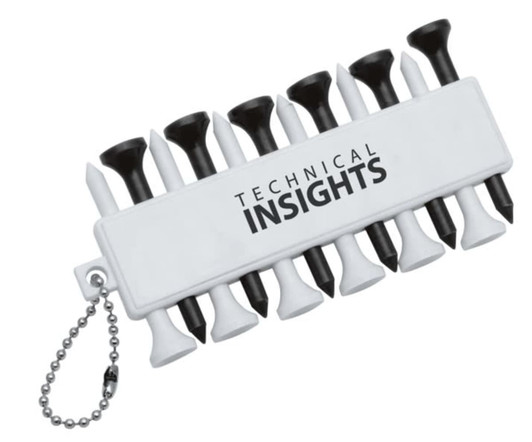 A white golf tee holder with black and white tees attached, featuring a branding logo.