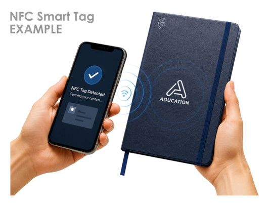 A navy blue A4 notebook with an NFC tag, displayed alongside a smartphone showing a detected NFC message.