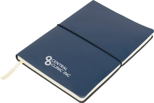 A navy blue Tango A5 notebook with a black elastic band and a logo on the cover.
