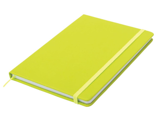A bright lime green A5 notepad with a matching elastic band closure. It has a smooth cover and white pages inside.
