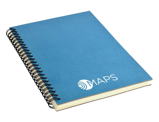 A blue A5 notebook with a textured cover and a spiral binding, featuring a logo on the front.