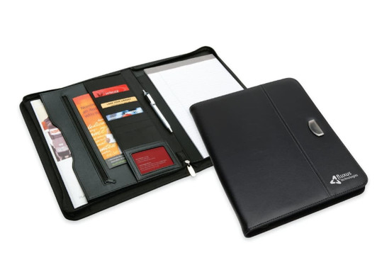 A black zip portfolio featuring card slots, a notepad, a pen holder, and a branded logo.