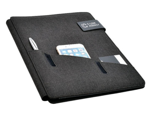 A dark grey hands-free A4 portfolio featuring pockets for a pen, phone, and business card, with a logo.