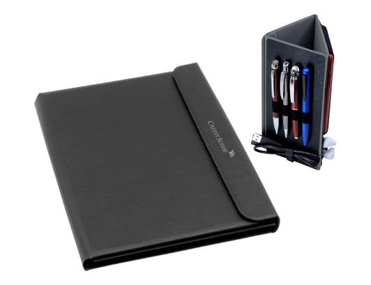 A black A4 portfolio includes pens, a USB, and earphones, featuring a logo on the cover.
