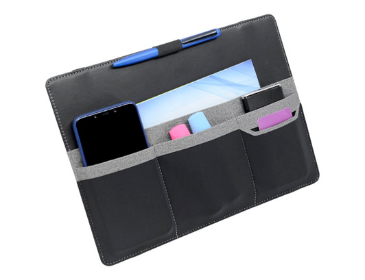 A black laptop bag organiser featuring multiple pockets for a phone, pens, and other accessories, with a logo.