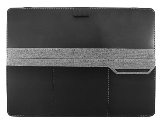 A black laptop bag with a grey strap, featuring compartments for organisation and a loop for easy carrying.
