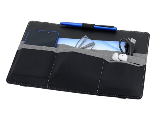 A black laptop bag with grey accents, featuring pockets for a phone, glasses, a pen, and earphones.