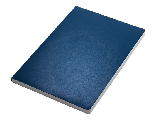 A navy blue A5 notebook with a textured cover and a white spine, featuring a simple design and a logo.