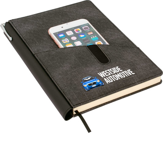 A black and grey A5 notebook with a pocket for a phone and a logo on the front.