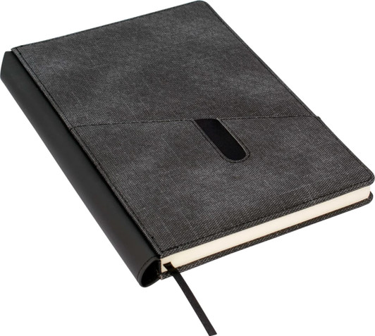 A black and grey A5 notebook with a textured cover and a black elastic closure. It features a ribbon bookmark.