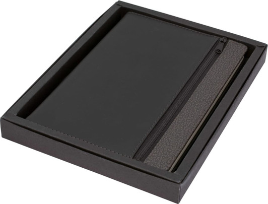 A black A5 notebook with dark grey trim, presented in a black box. It includes a zippered compartment.