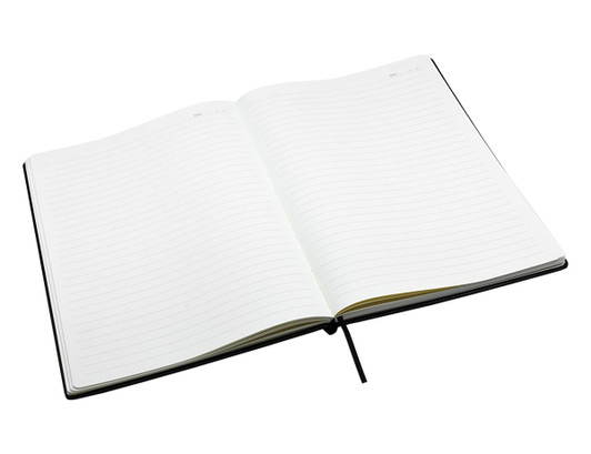 A black A4 notebook with lined pages and a ribbon marker, open and displaying its interior.