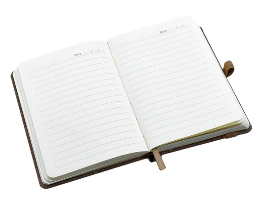 An A6 Italian bonded leather notebook with lined pages and a ribbon bookmark, featuring a brown exterior.