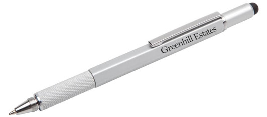 A stylus pen in silver with a textured grip and a black touchscreen tip, featuring a branding logo.