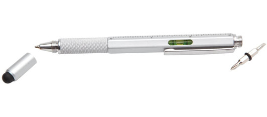 A silver DIY stylus pen featuring a level, ruler, and a removable cap. The pen has a textured grip for easy handling.
