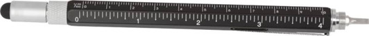 A black stylus pen with a silver tip and a ruler etched along its length, featuring a logo.