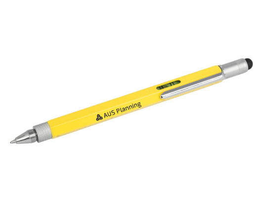 A yellow stylus pen featuring a silver tip and clip, with a logo on the side.