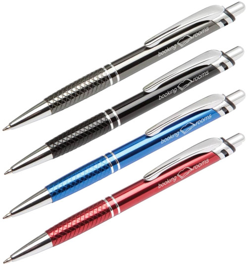A set of four metal pens in black, blue, red, and silver, featuring textured grips and a logo.