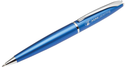 A blue metal pen with a sleek design, featuring a silver clip and a branding logo.