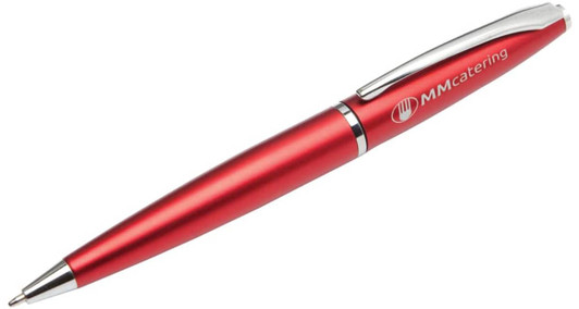 A red metal pen featuring a silver clip and logo branding. Suitable for writing and promotional use.
