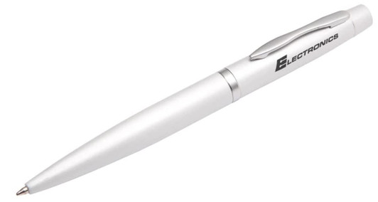 A metal pen in a sleek silver finish with a clip and branding on the side.