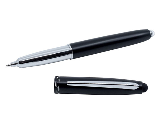 A black stylus pen with a silver tip, featuring a removable cap and a branding logo.