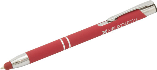 A red stylus pen with a shiny silver clip and branding. It features a smooth grip for easy handling.