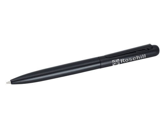 A black metal pen with a clip and a logo on the side, featuring a sleek, minimalist design.