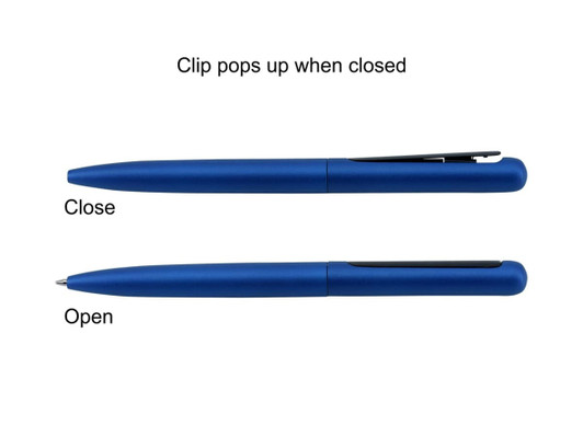 A blue metal pen in two positions: closed and open, featuring a clip and branding.
