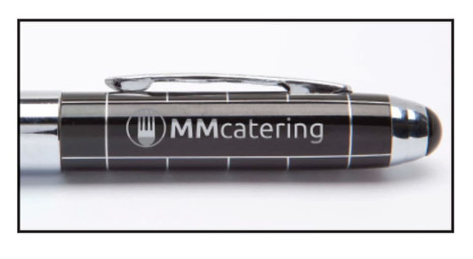 A metal pen in black with a silver clip and a logo displayed on the barrel.