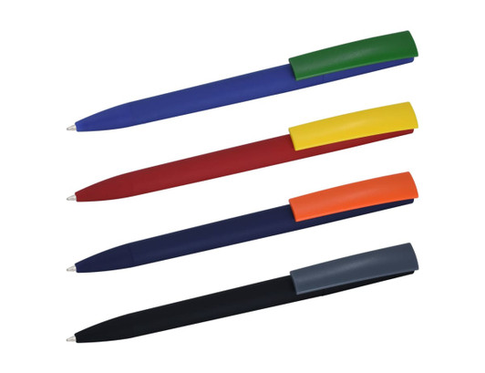 A set of four plastic pens in blue, red, yellow, and green, with matching coloured caps, features a logo.