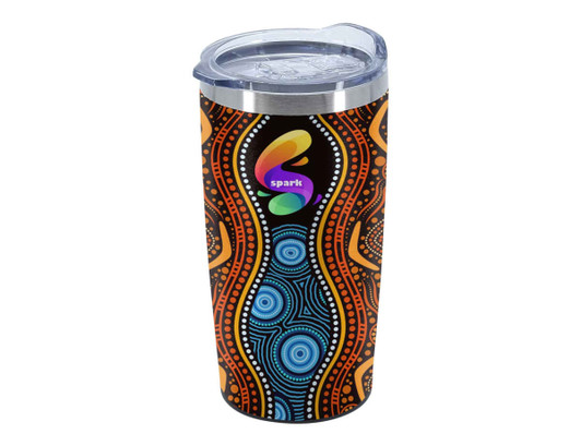 A travel mug featuring a vibrant design with orange, blue, and black patterns. It has a clear lid and a logo.