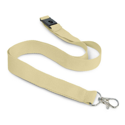 A cotton lanyard in a soft beige colour, featuring a clip and adjustable buckle. It has a simple branding logo.