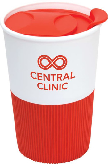 A coffee mug featuring a red lid and ribbed red base with a white upper section. Includes a logo on the front.