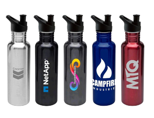 A drink bottle collection featuring stainless steel in silver, black, blue, red, and a custom logo on each.