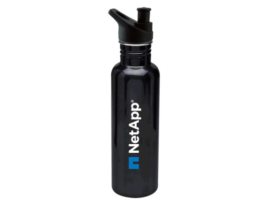 A drink bottle made of stainless steel, featuring a black finish and a logo. It has a flip-top spout for easy access.