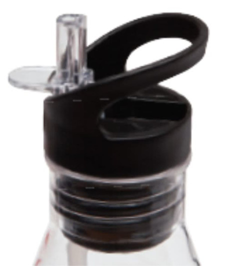 A drink bottle with a transparent body and a black lid, featuring a straw and a handle for easy carrying.